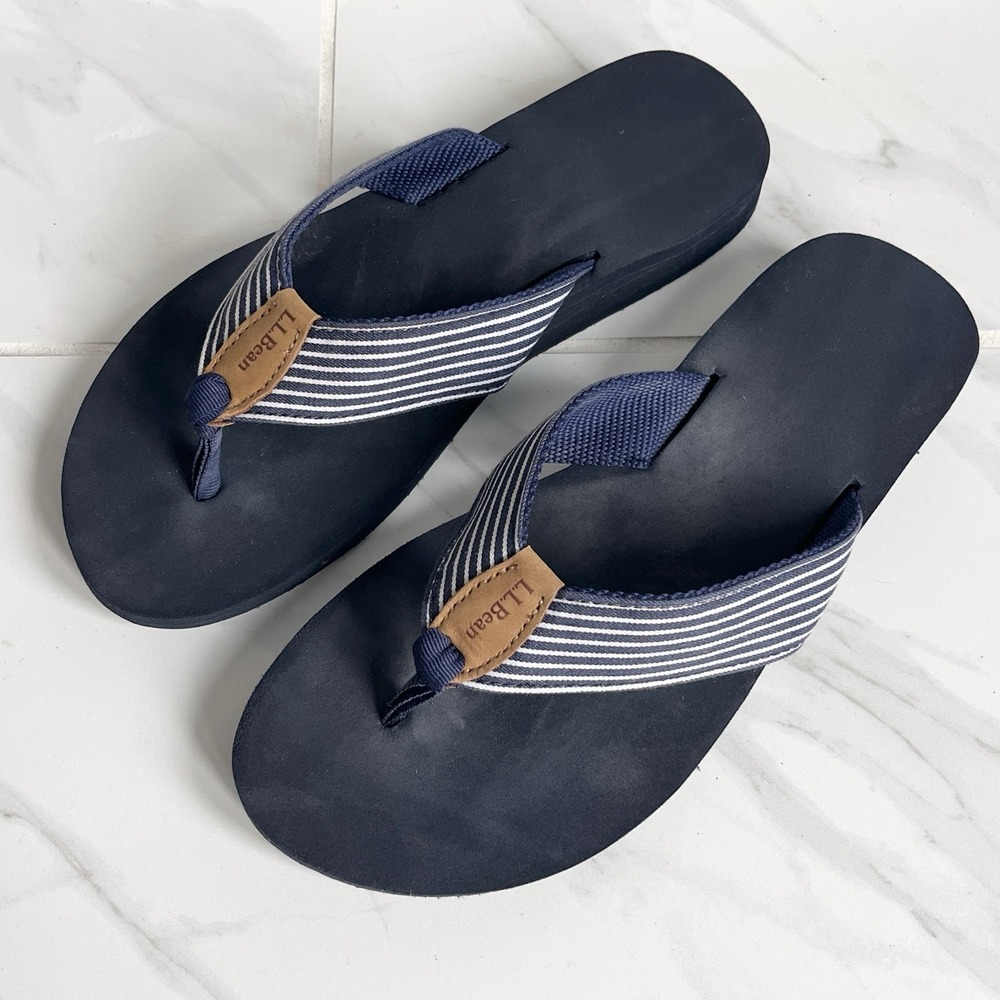 LL Bean Maine Isle Flip Flops Sandals Blue White Striped Nautical Women's 9